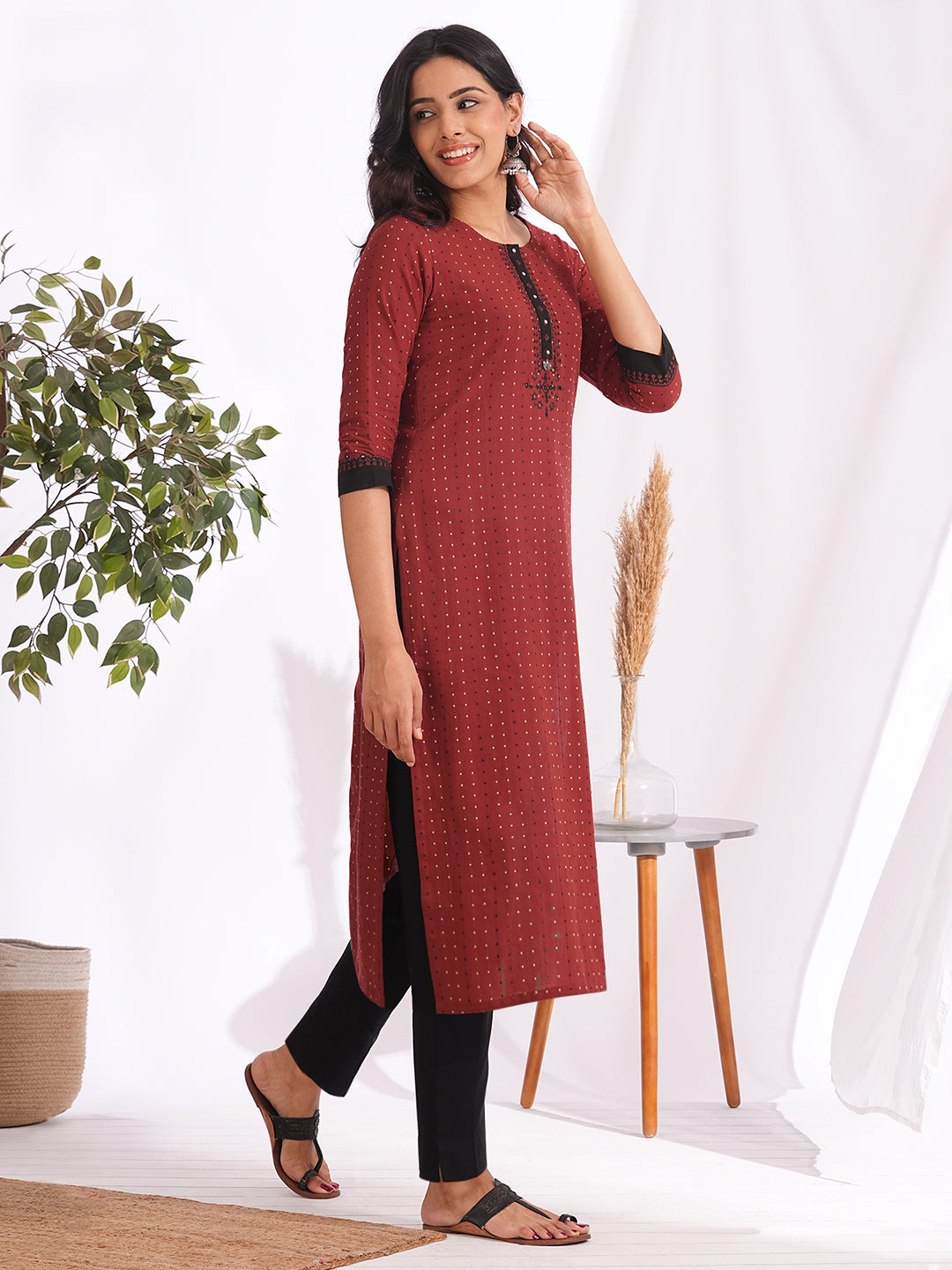 Straight fit dobby kurta with block print and handwork around the placket and cuff