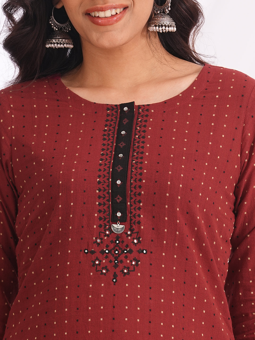 Straight fit dobby kurta with block print and handwork around the placket and cuff