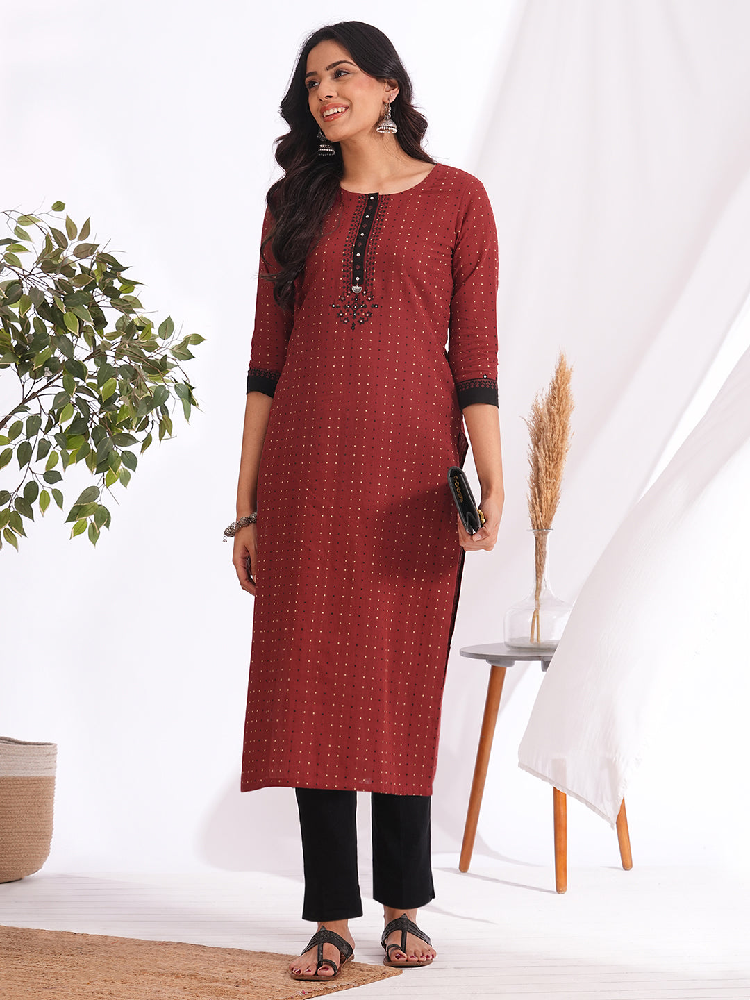 Straight fit dobby kurta with block print and handwork around the placket and cuff