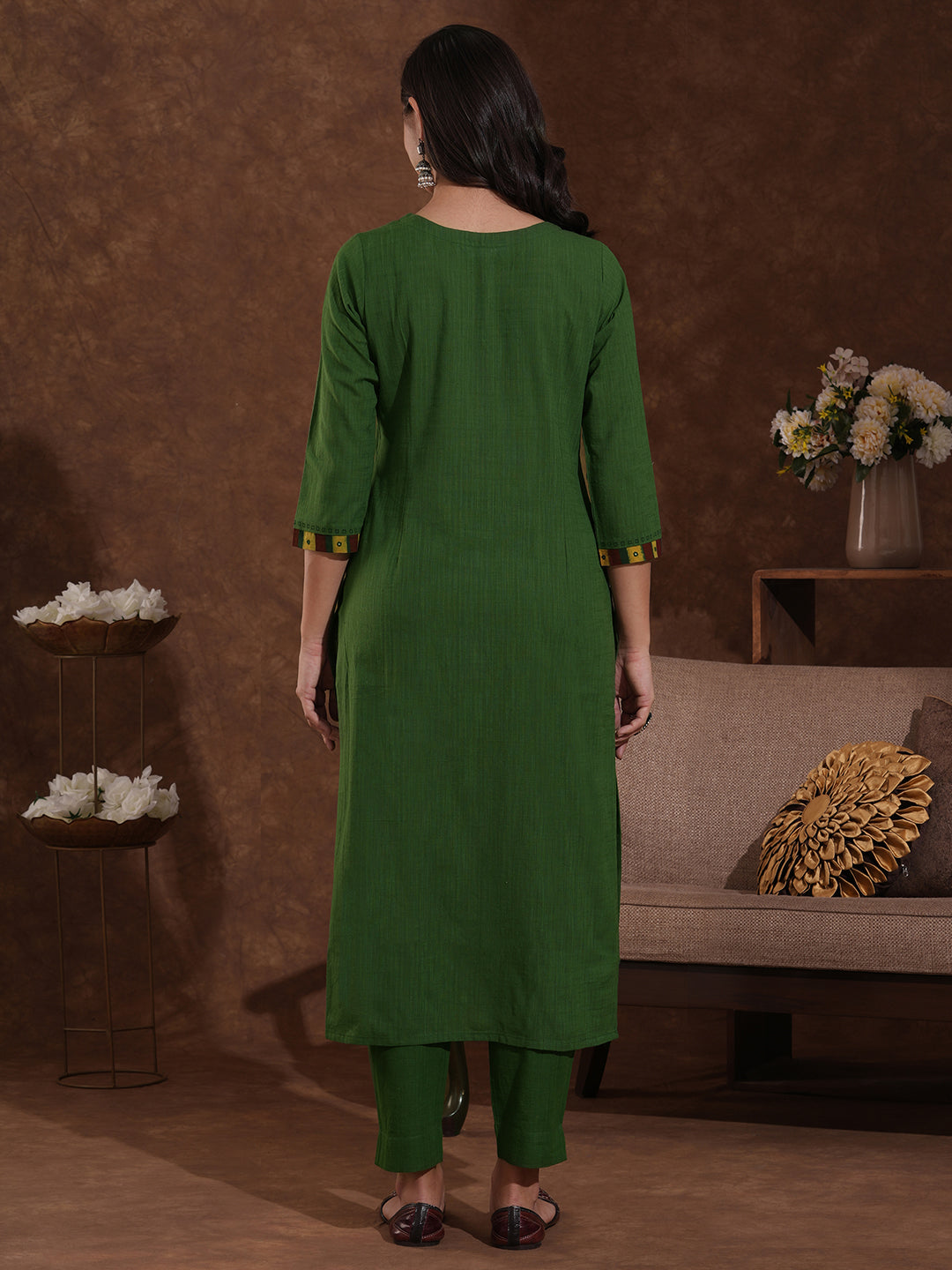 Straight fit kurta with block printed shoulder yoke and tucks in the front with ajarakh trim fabric.