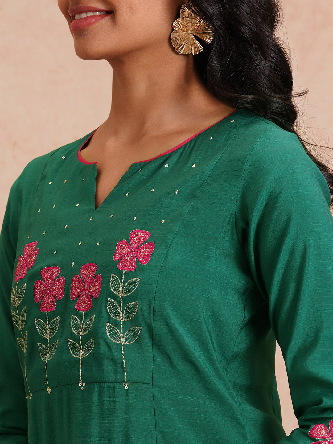 Party Edit- A-line kurta with machine applique and embroidery on the yoke and sleeves.