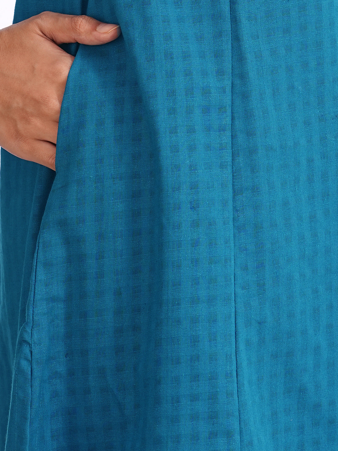 Woven checks fabric A-line kurta with embroidered yoke and cuff