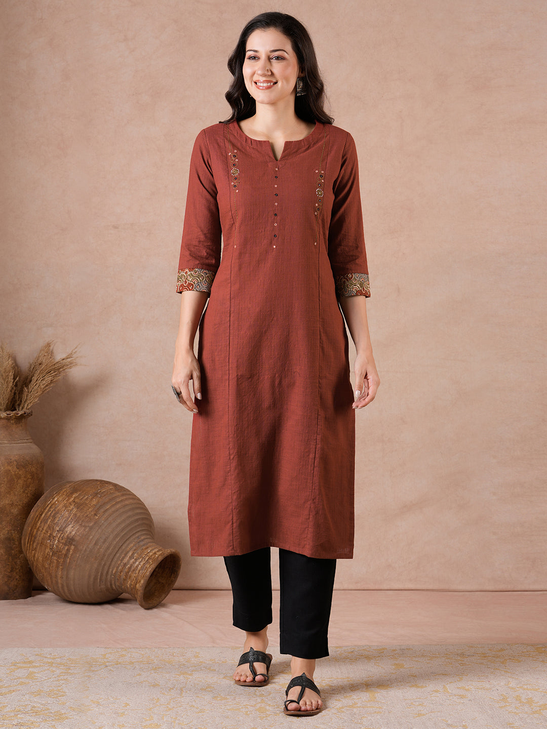 Straight Fit Cotton Kurta with Handwork & Kalamkari Trim Detail.