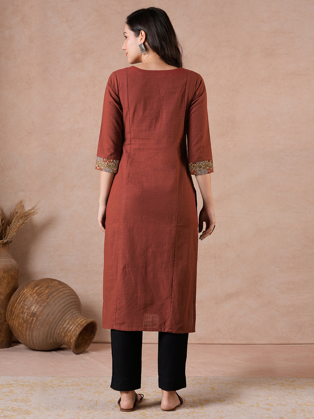 Straight Fit Cotton Kurta with Handwork & Kalamkari Trim Detail.