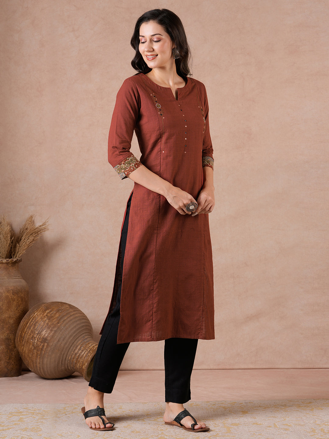 Straight Fit Cotton Kurta with Handwork & Kalamkari Trim Detail.