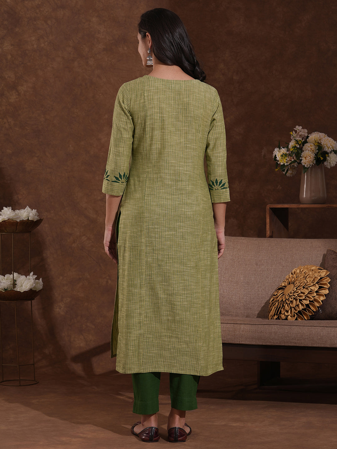 Straight fit kurta in woven stripes with block printed yoke and sleeves.