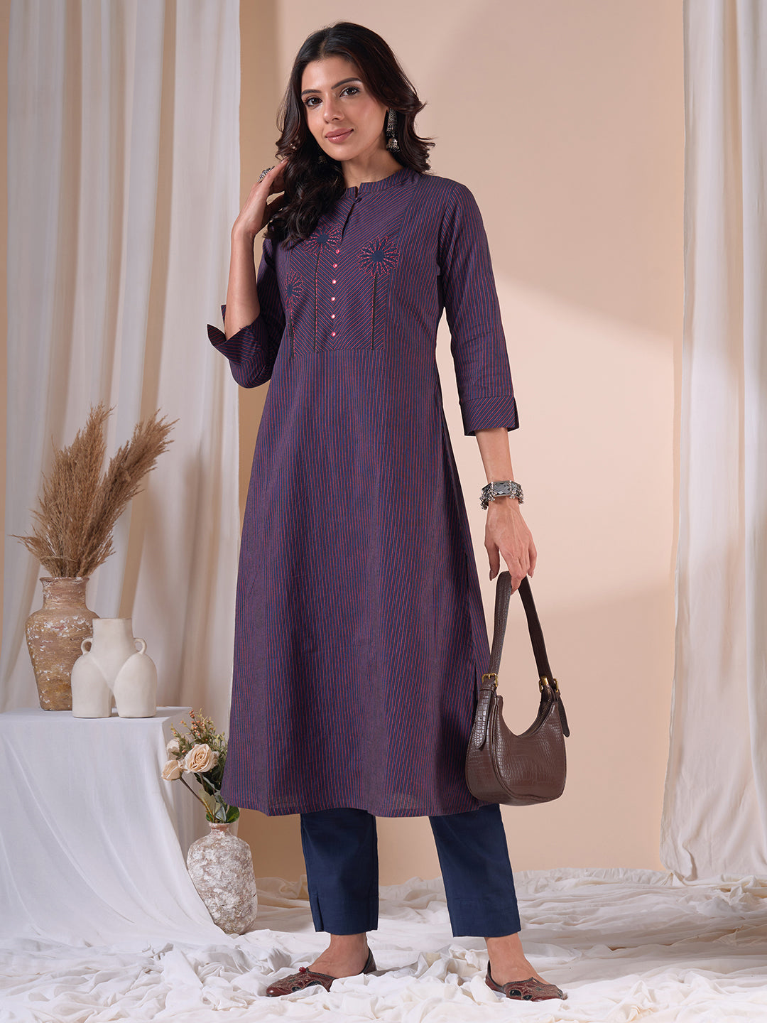 A-line Woven Stripe Cotton Kurta with Asymmetrical Floral Block Print & Handwork.