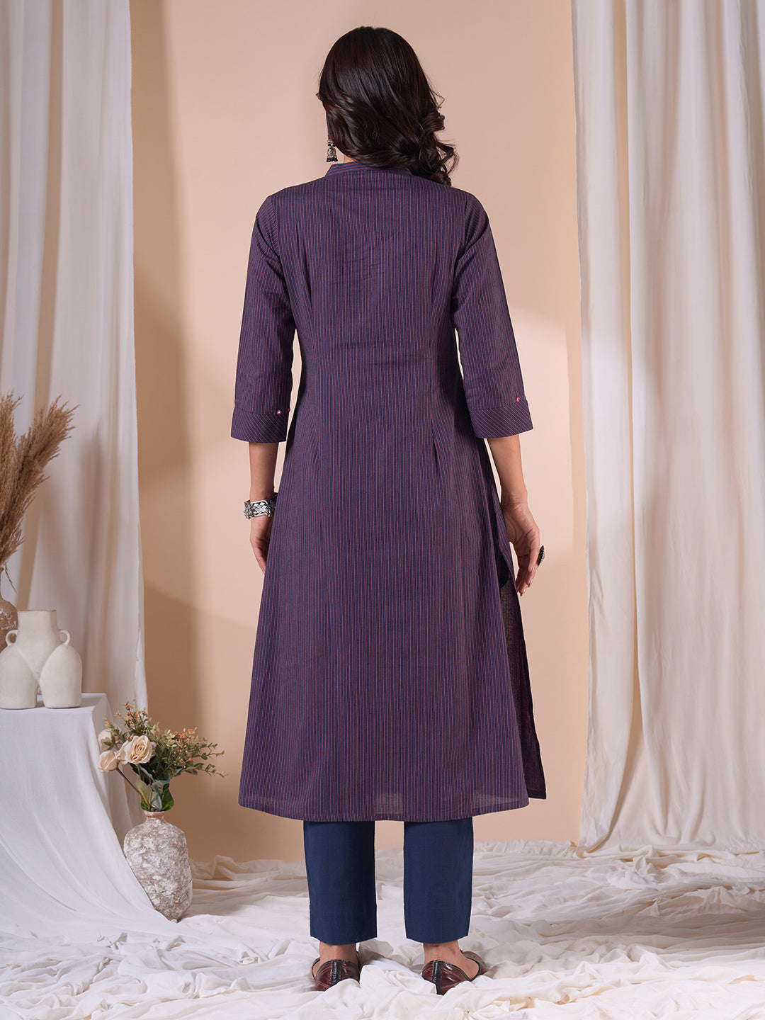 A-line Woven Stripe Cotton Kurta with Asymmetrical Floral Block Print & Handwork.
