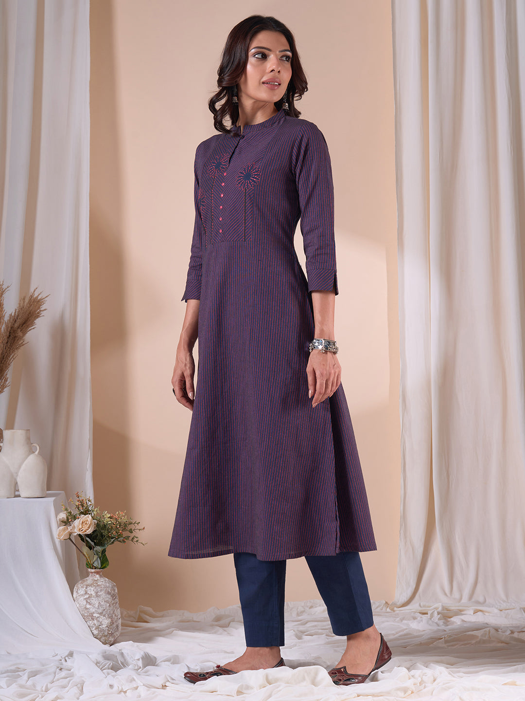 A-line Woven Stripe Cotton Kurta with Asymmetrical Floral Block Print & Handwork.