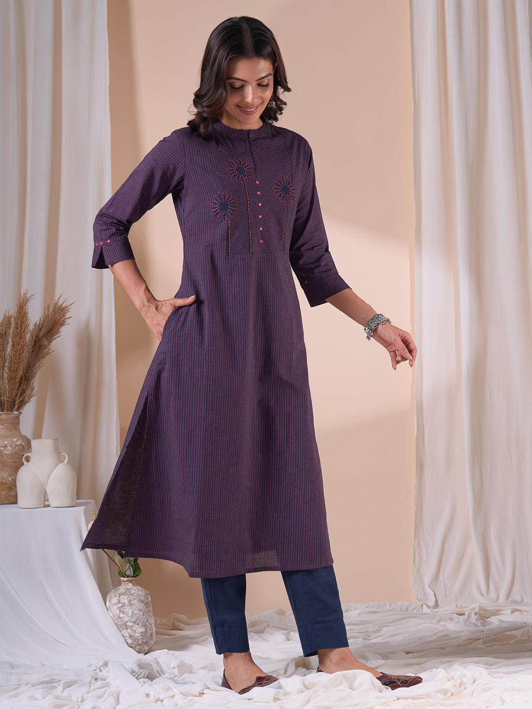 A-line Woven Stripe Cotton Kurta with Asymmetrical Floral Block Print & Handwork.