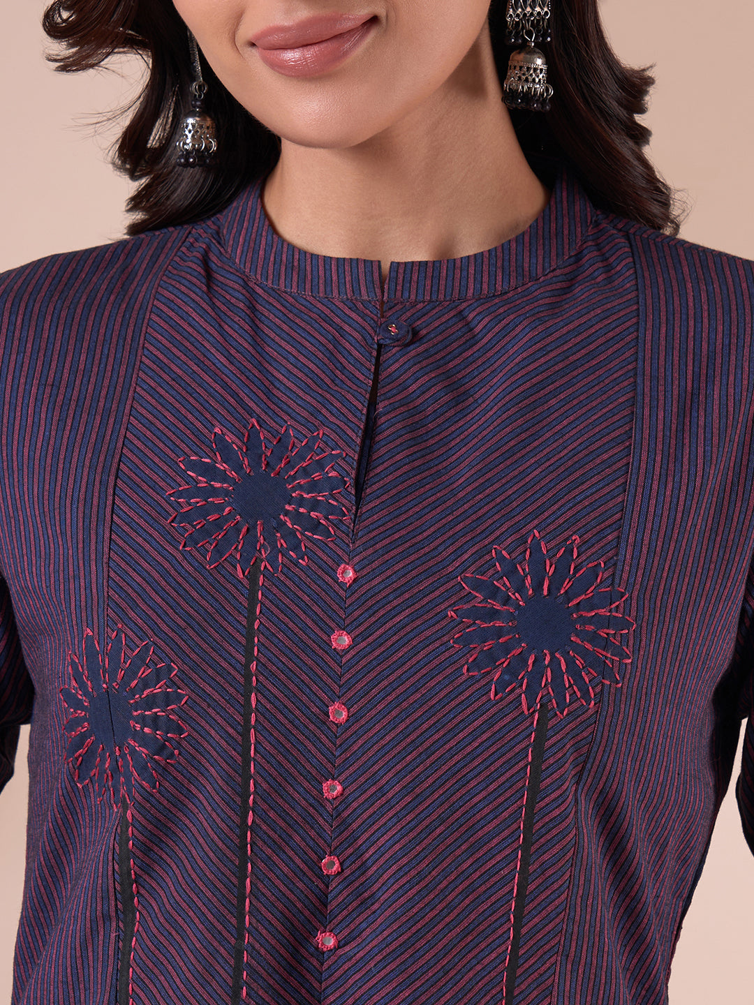 A-line Woven Stripe Cotton Kurta with Asymmetrical Floral Block Print & Handwork.