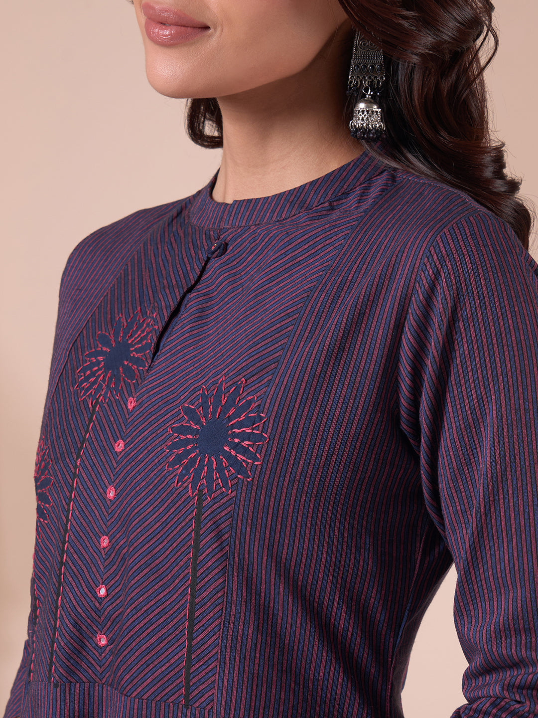 A-line Woven Stripe Cotton Kurta with Asymmetrical Floral Block Print & Handwork.