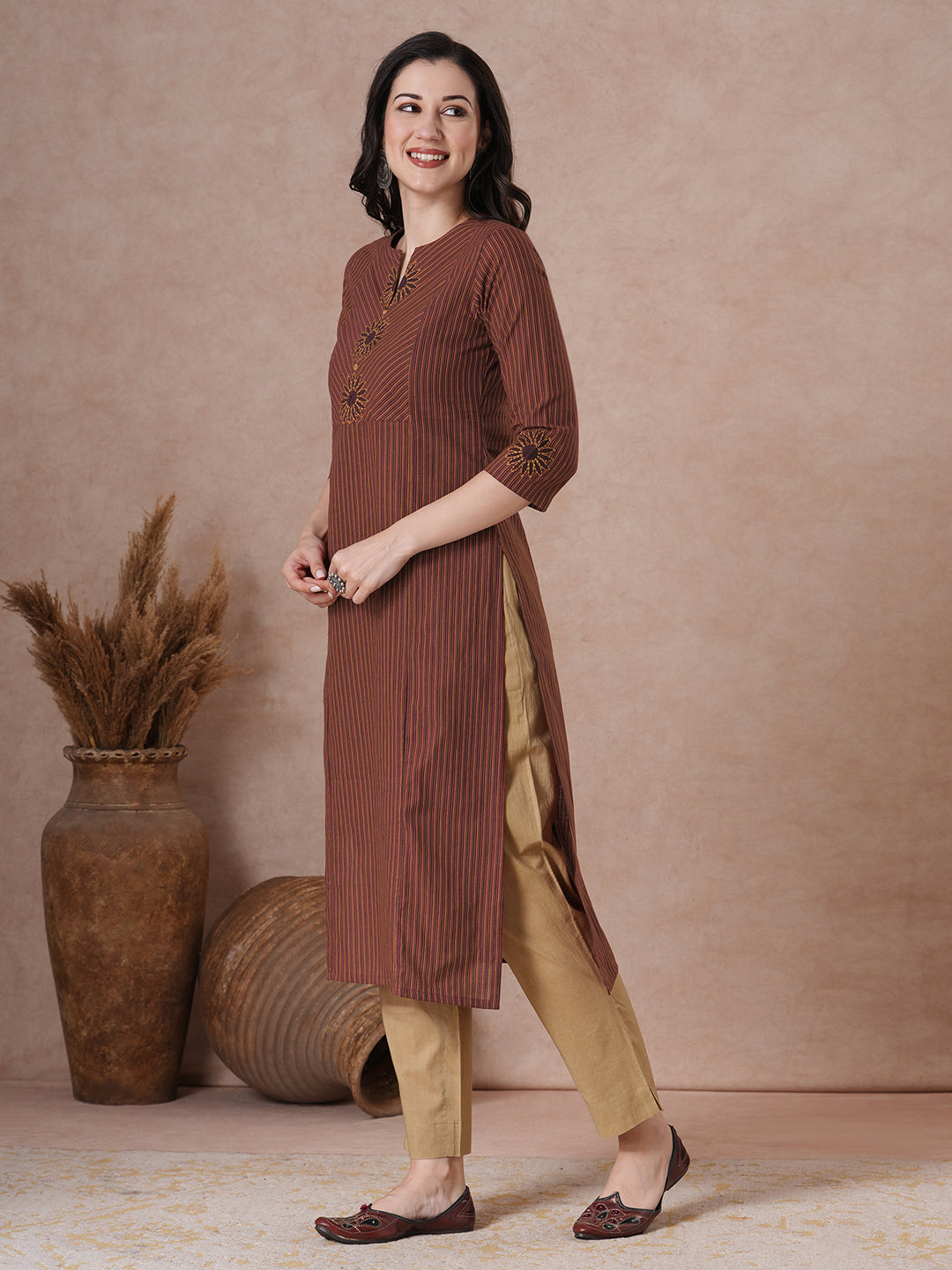 Straight Fit Brown Cotton Pinstripe Kurta with Block Print Bias Yoke & Hand Embroidery