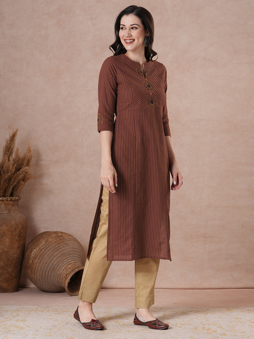 Straight Fit Brown Cotton Pinstripe Kurta with Block Print Bias Yoke & Hand Embroidery