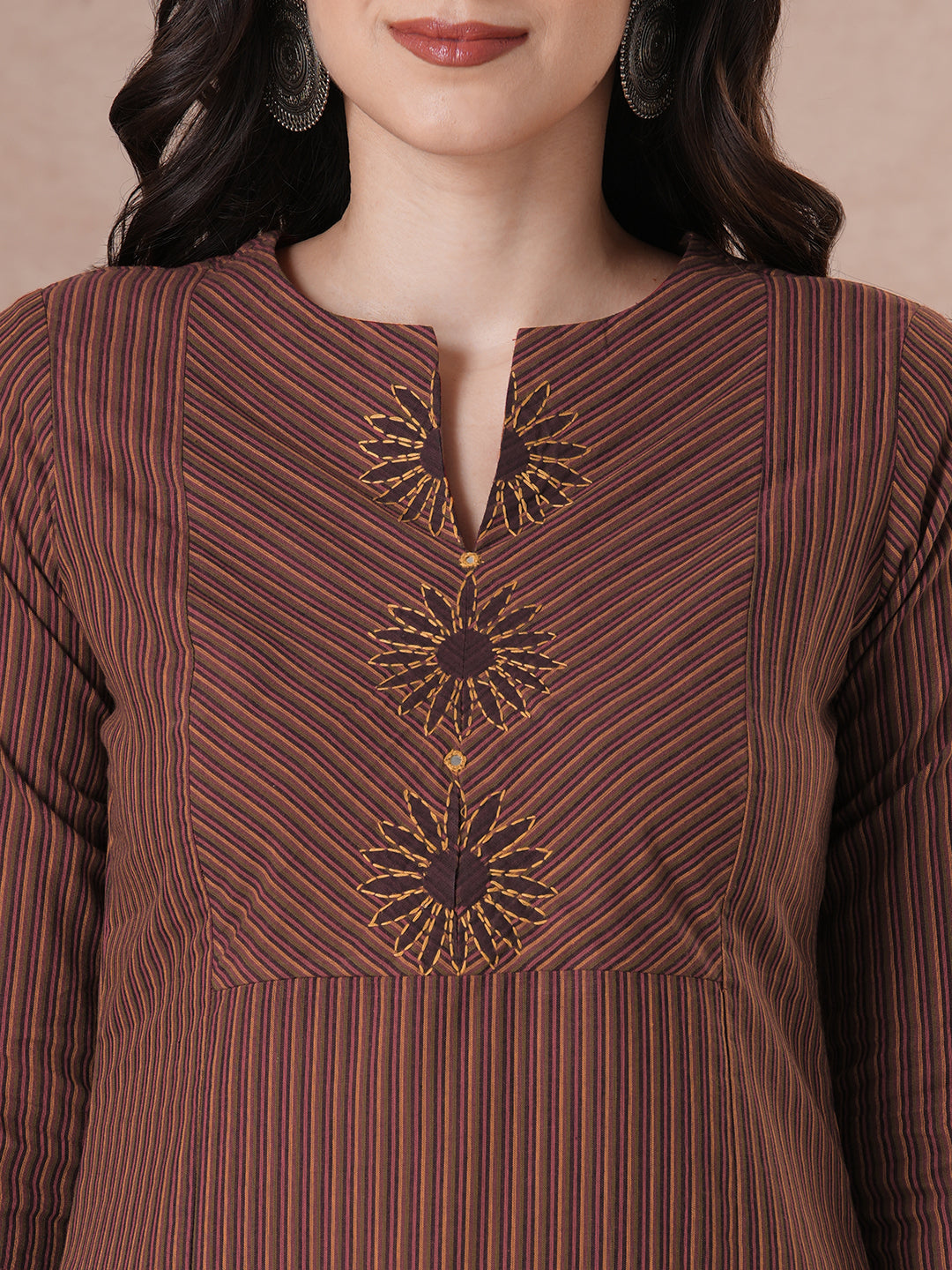 Straight Fit Brown Cotton Pinstripe Kurta with Block Print Bias Yoke & Hand Embroidery