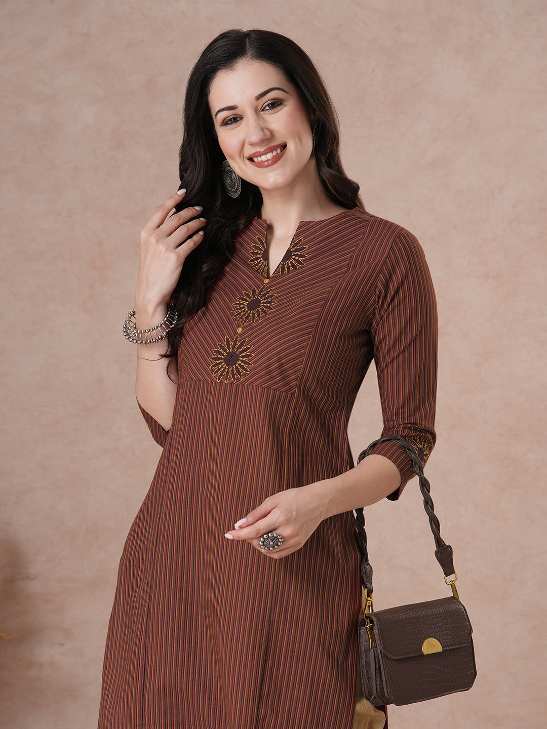 Straight Fit Brown Cotton Pinstripe Kurta with Block Print Bias Yoke & Hand Embroidery