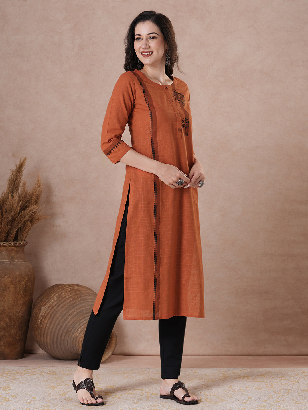 Woven Cotton Straight Checks Kurta Featuring Asymmetrical Block Print & Button Accents