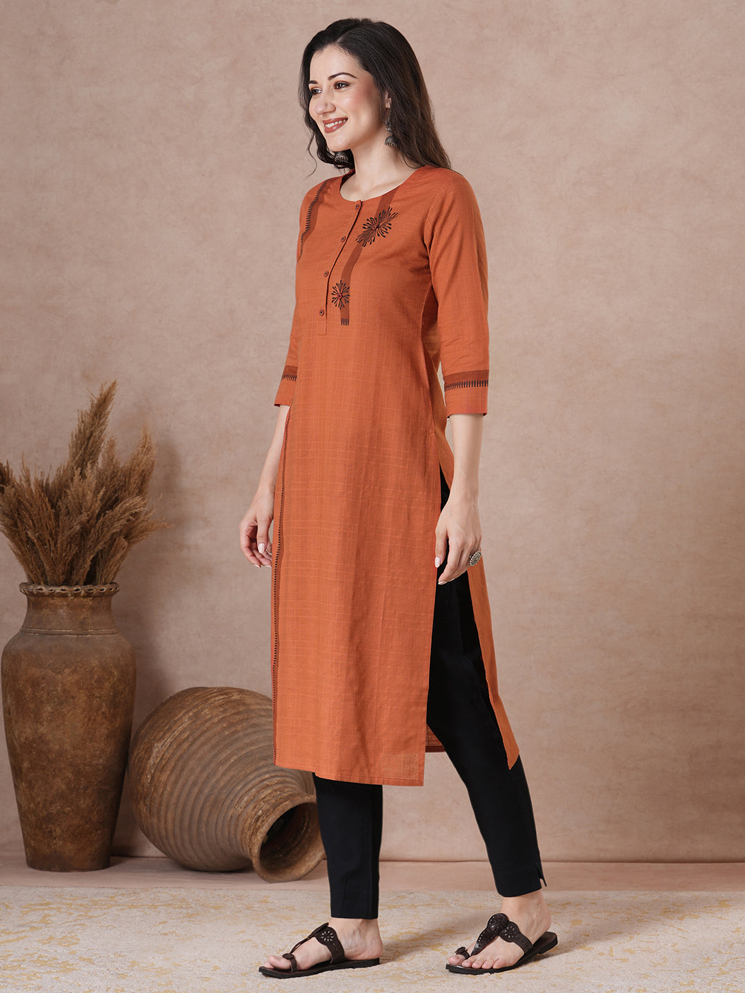 Woven Cotton Straight Checks Kurta Featuring Asymmetrical Block Print & Button Accents
