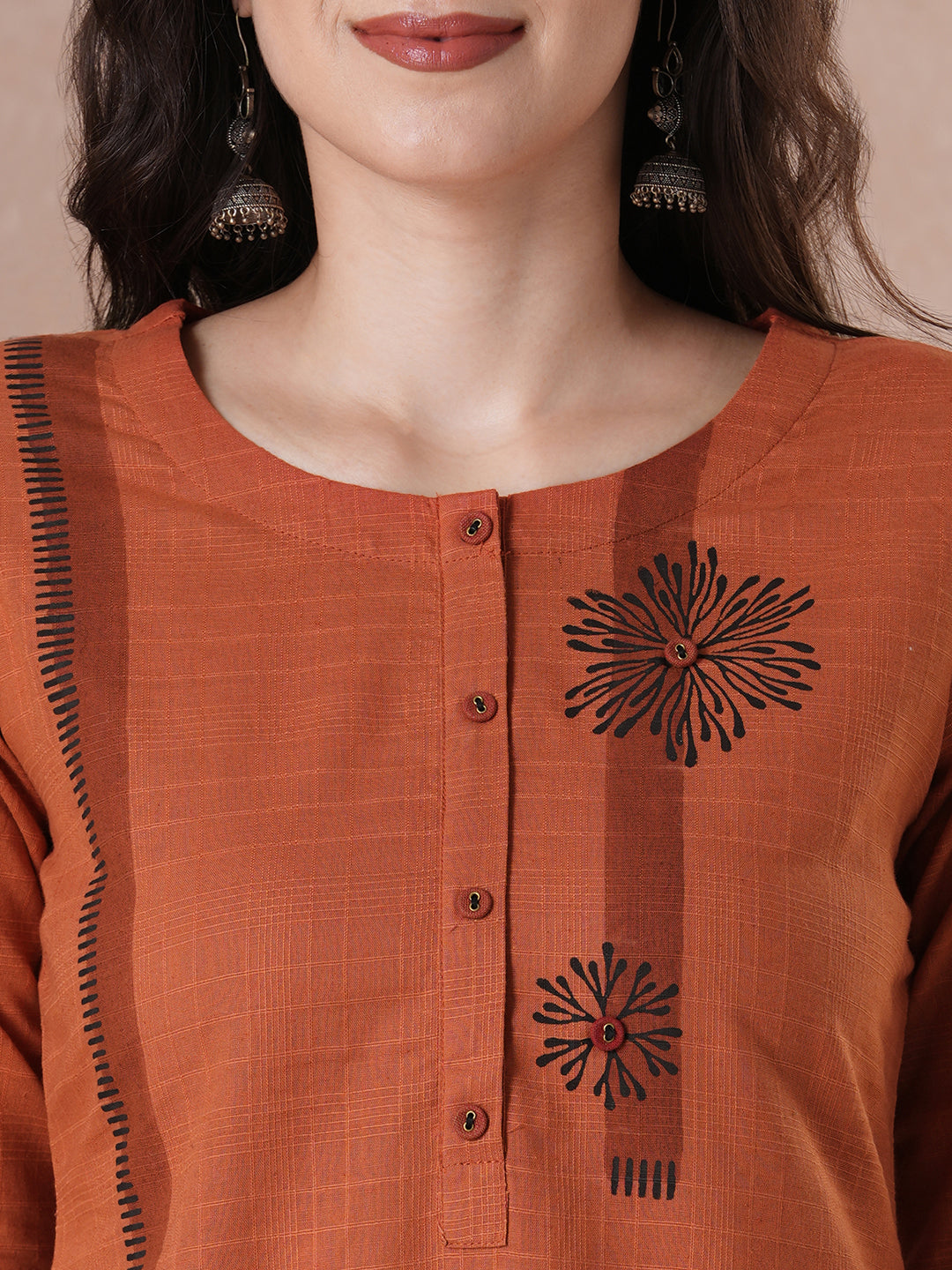 Woven Cotton Straight Checks Kurta Featuring Asymmetrical Block Print & Button Accents