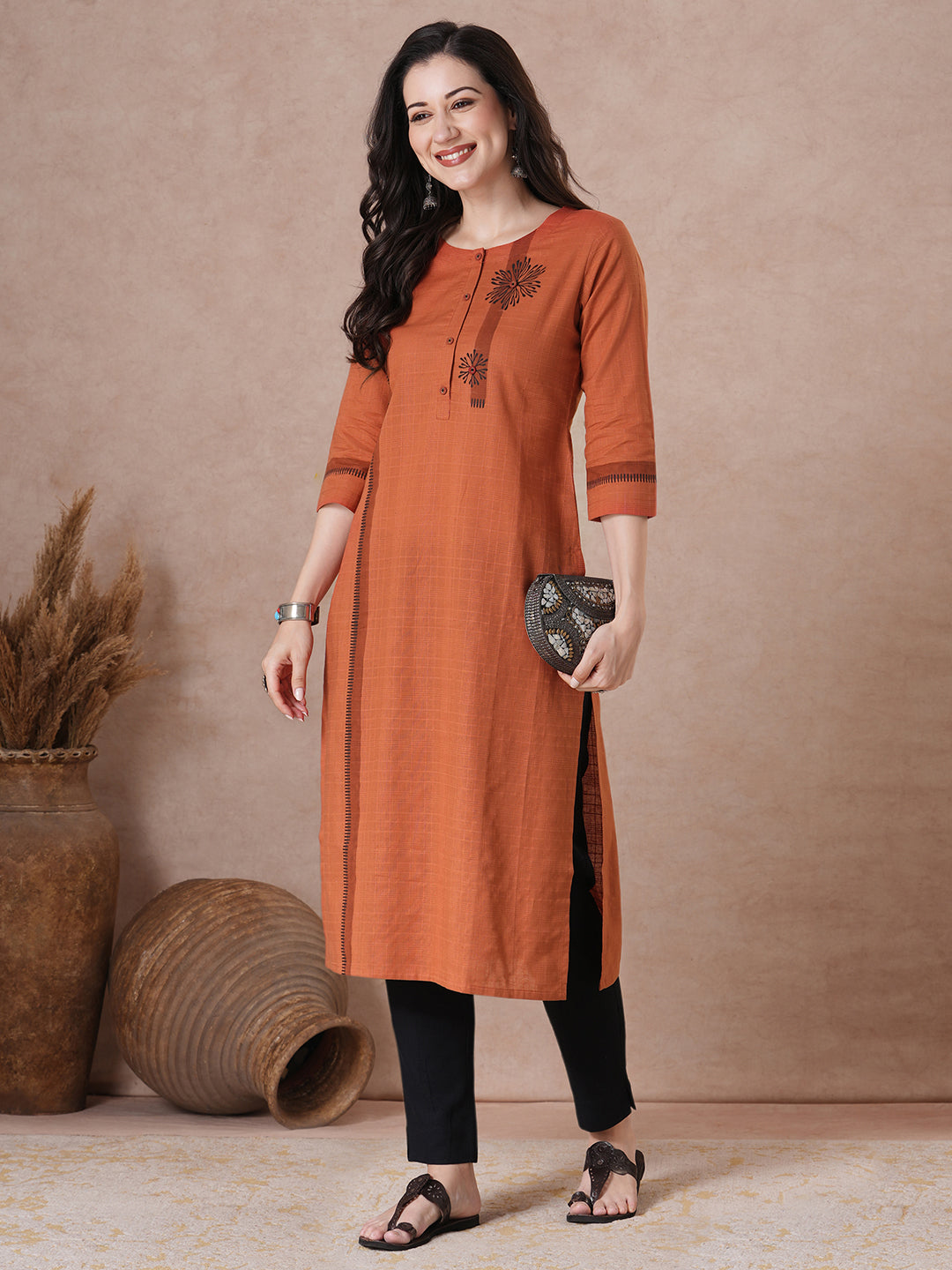 Woven Cotton Straight Checks Kurta Featuring Asymmetrical Block Print & Button Accents