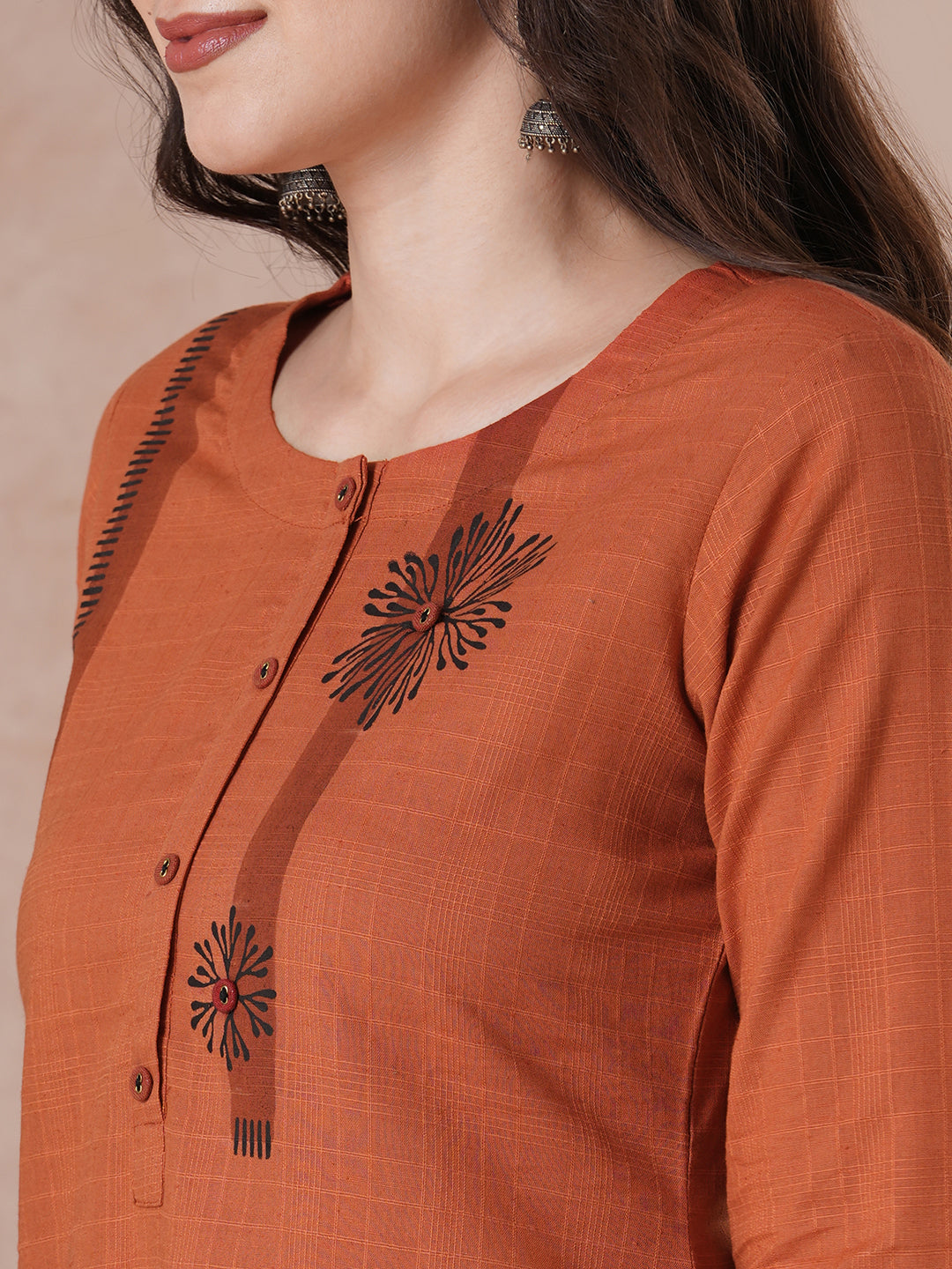 Woven Cotton Straight Checks Kurta Featuring Asymmetrical Block Print & Button Accents