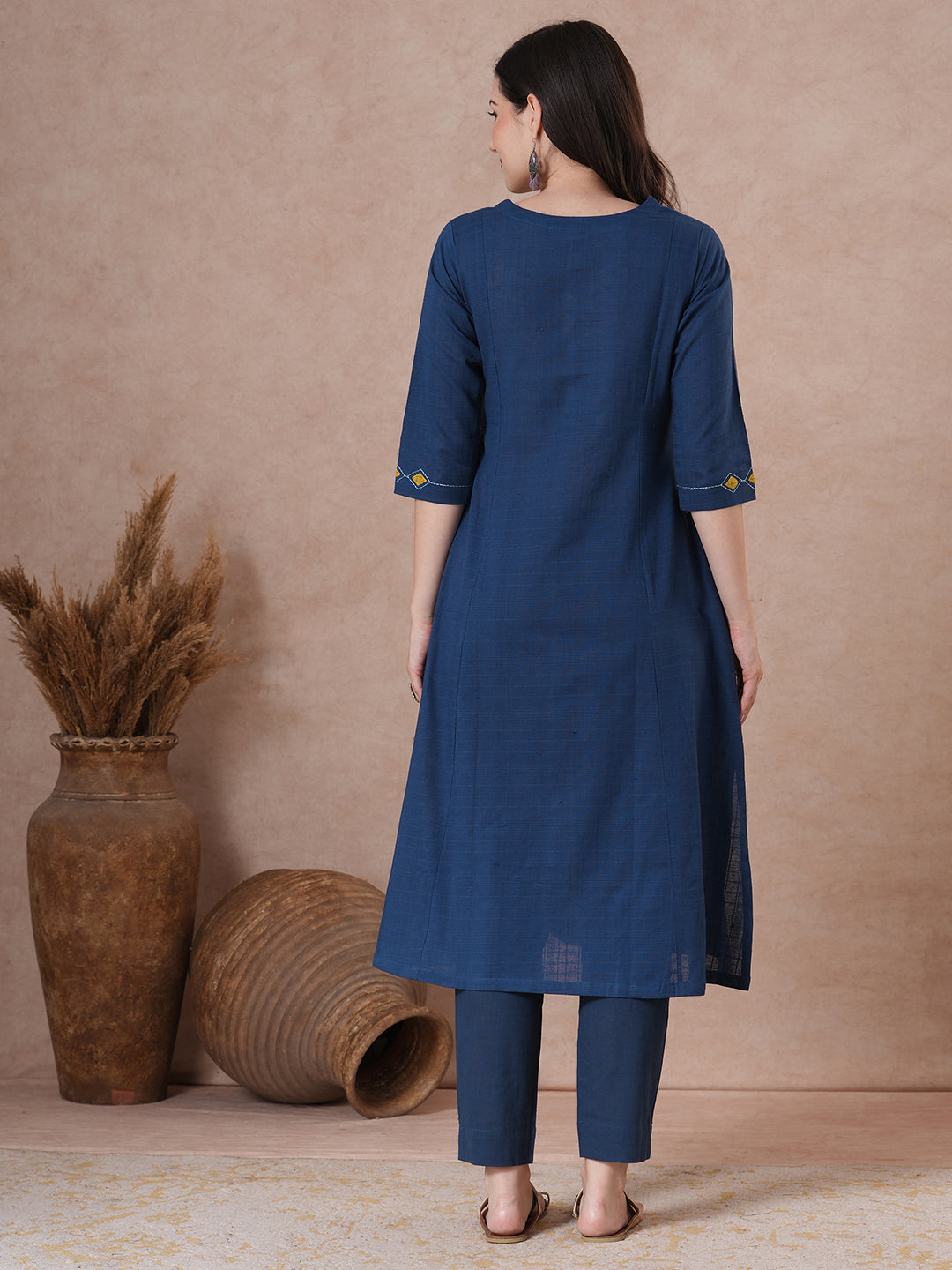 A-Line Cotton Kurta with Woven Texture, Embroidered Yoke and Geometric Applique
