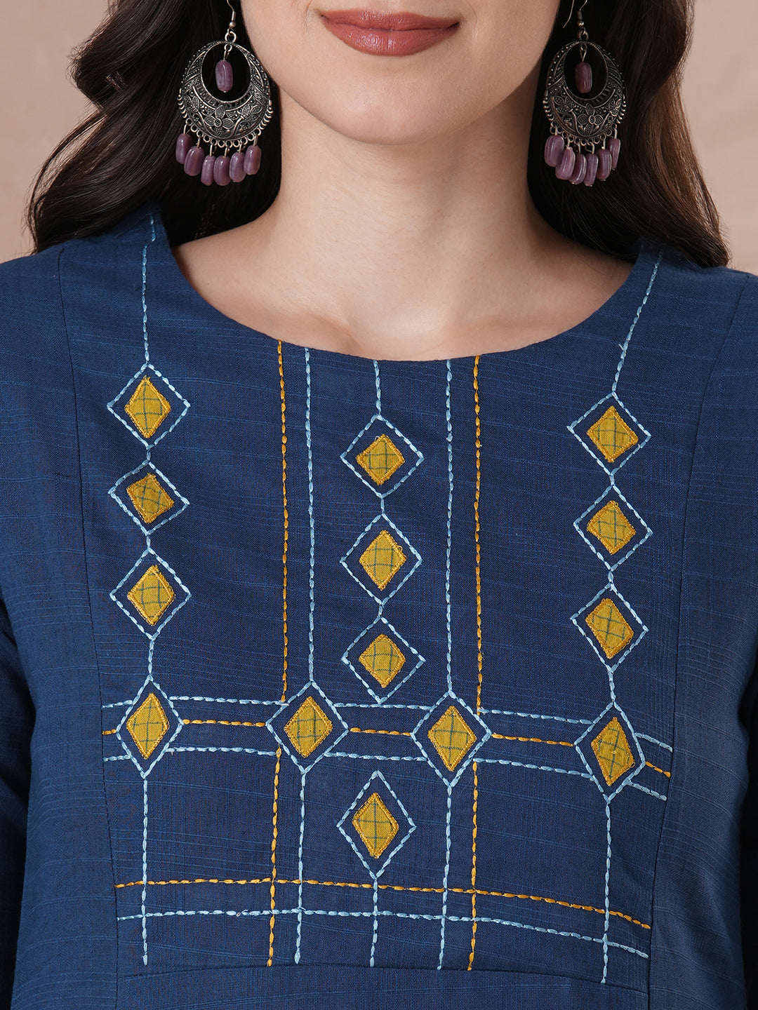 A-Line Cotton Kurta with Woven Texture, Embroidered Yoke and Geometric Applique