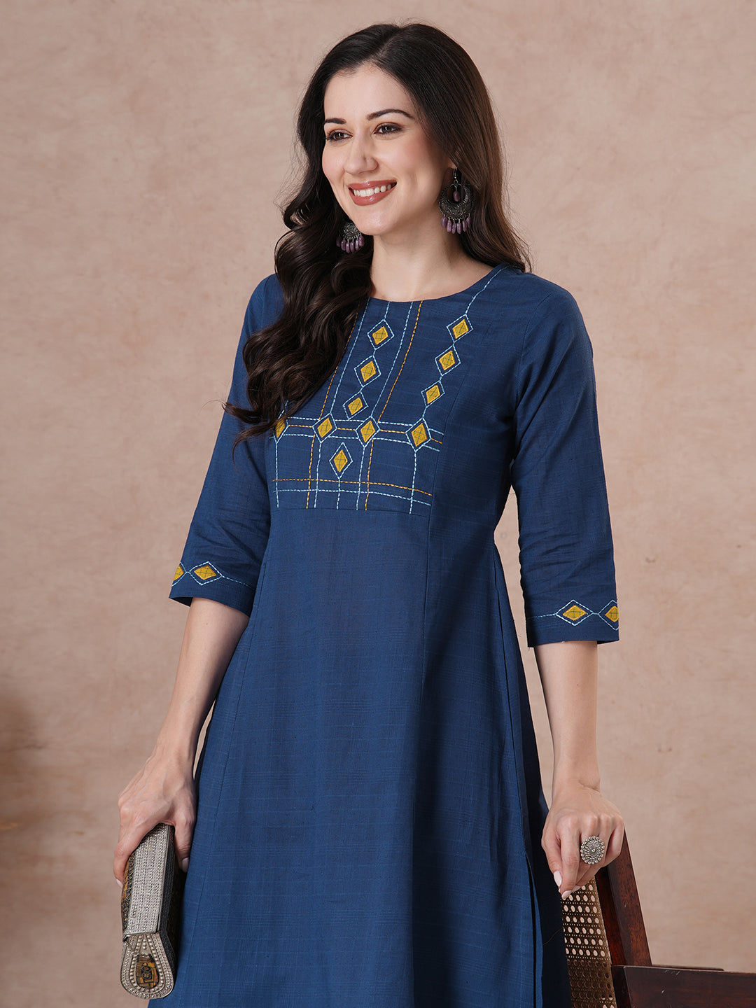 A-Line Cotton Kurta with Woven Texture, Embroidered Yoke and Geometric Applique