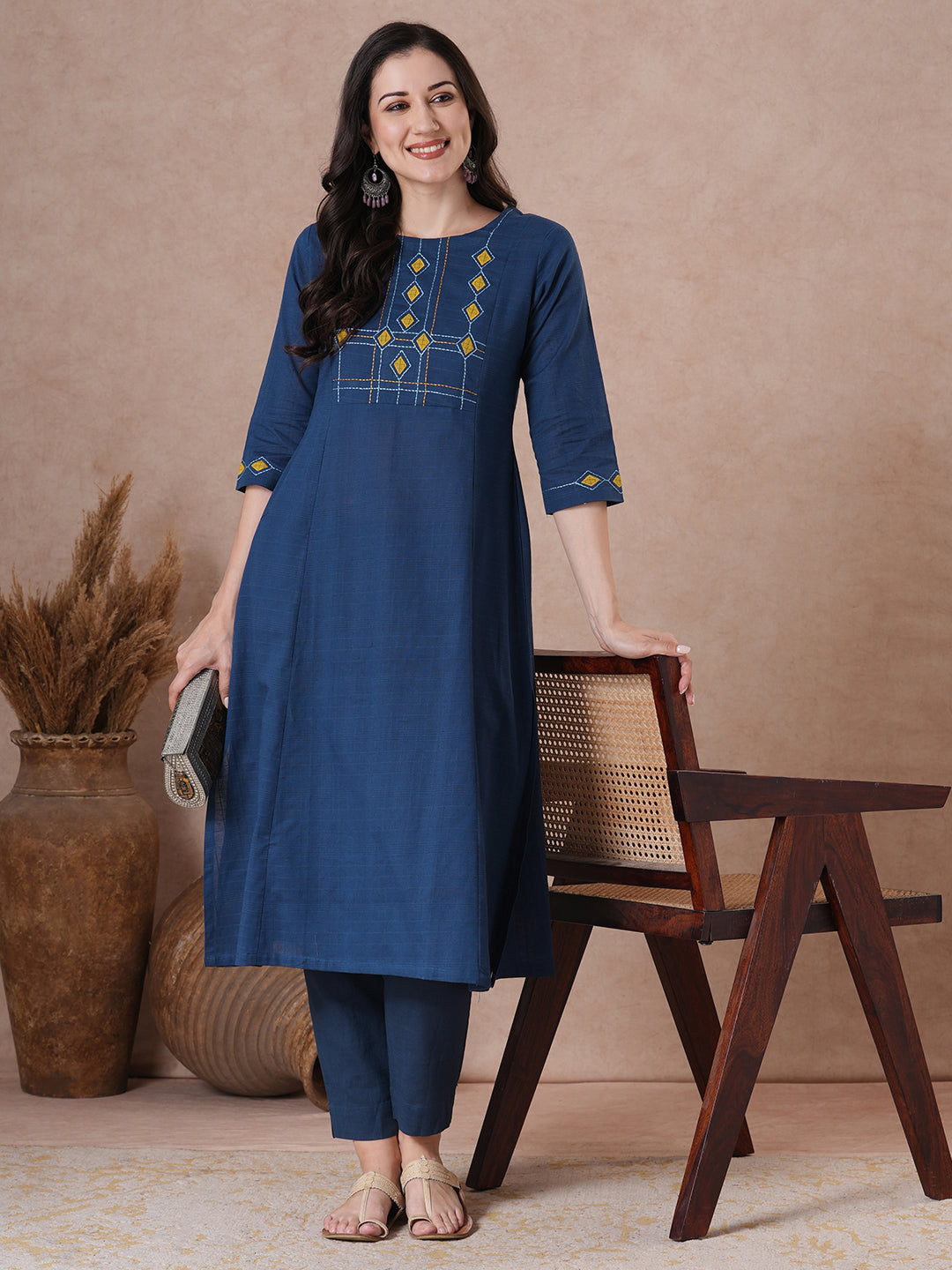 A-Line Cotton Kurta with Woven Texture, Embroidered Yoke and Geometric Applique