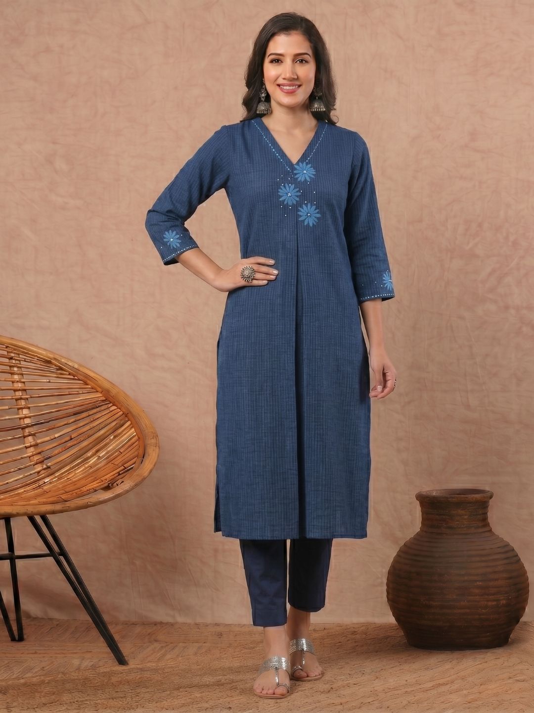 Straight Fit Cotton Striped Kurta with Floral Block Print & Sequin Detailing.