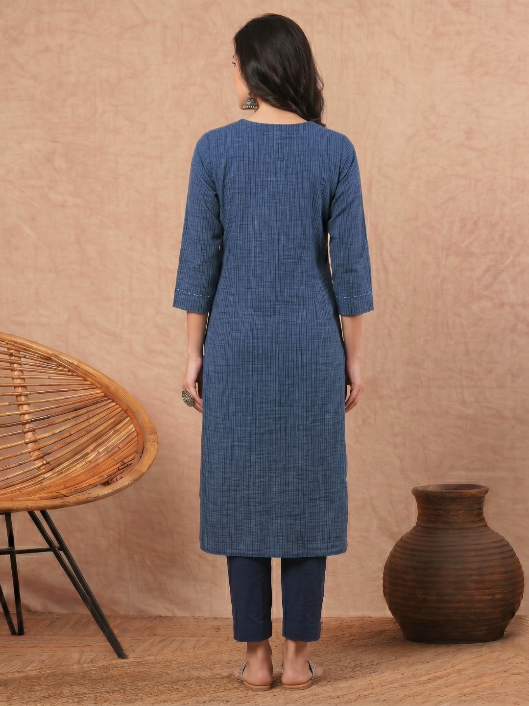 Straight Fit Cotton Striped Kurta with Floral Block Print & Sequin Detailing.