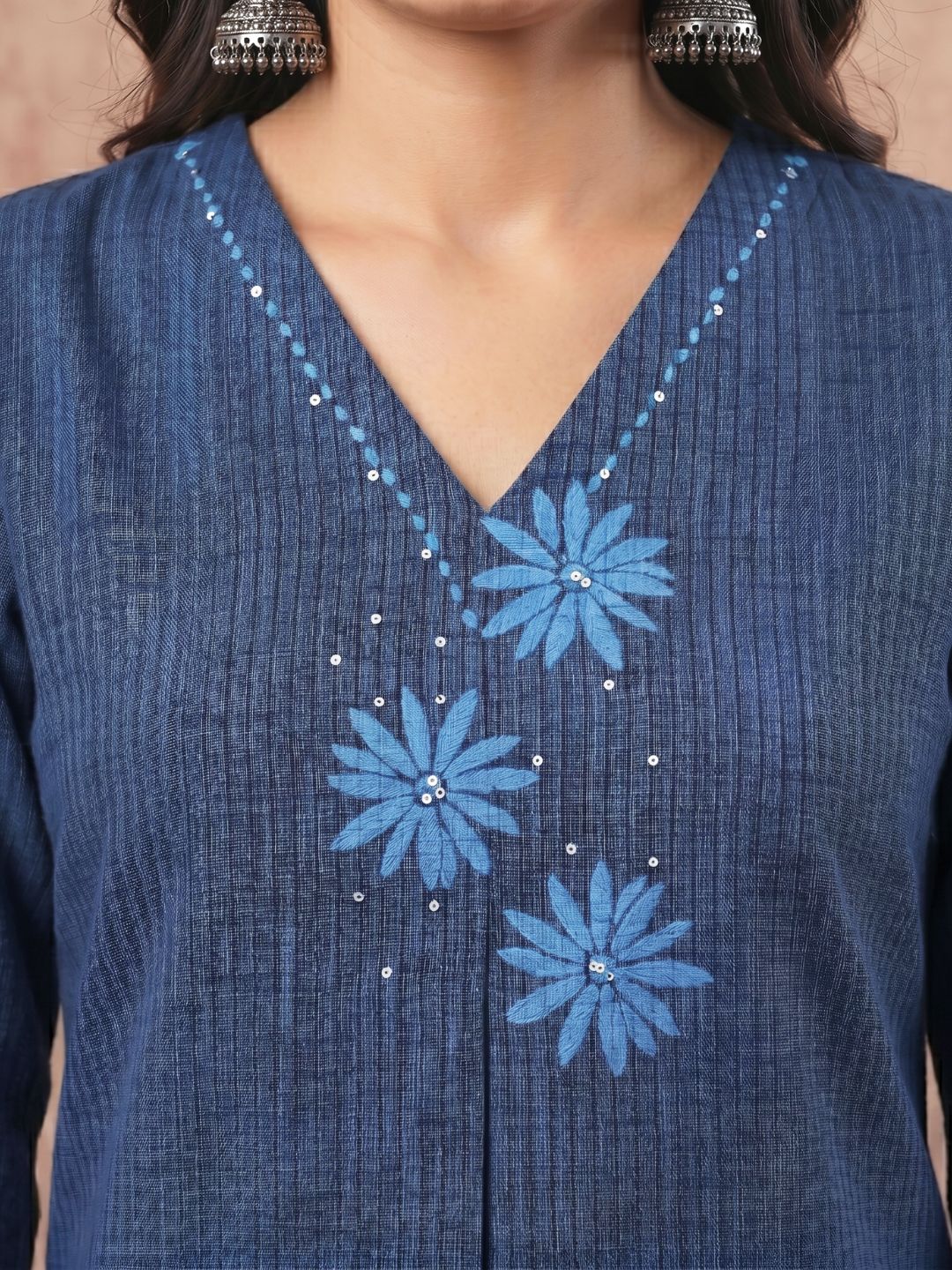 Straight Fit Cotton Striped Kurta with Floral Block Print & Sequin Detailing.