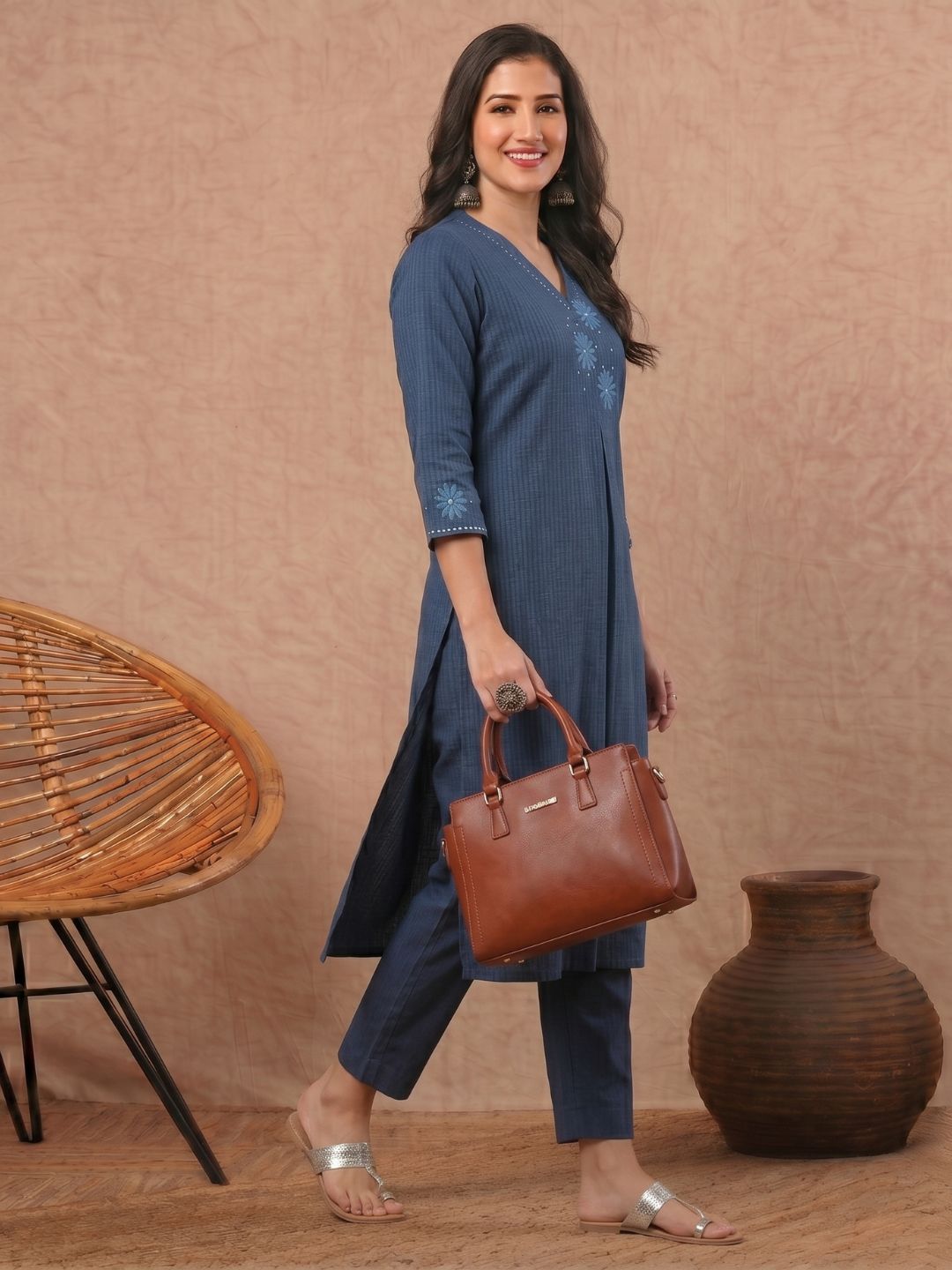 Straight Fit Cotton Striped Kurta with Floral Block Print & Sequin Detailing.