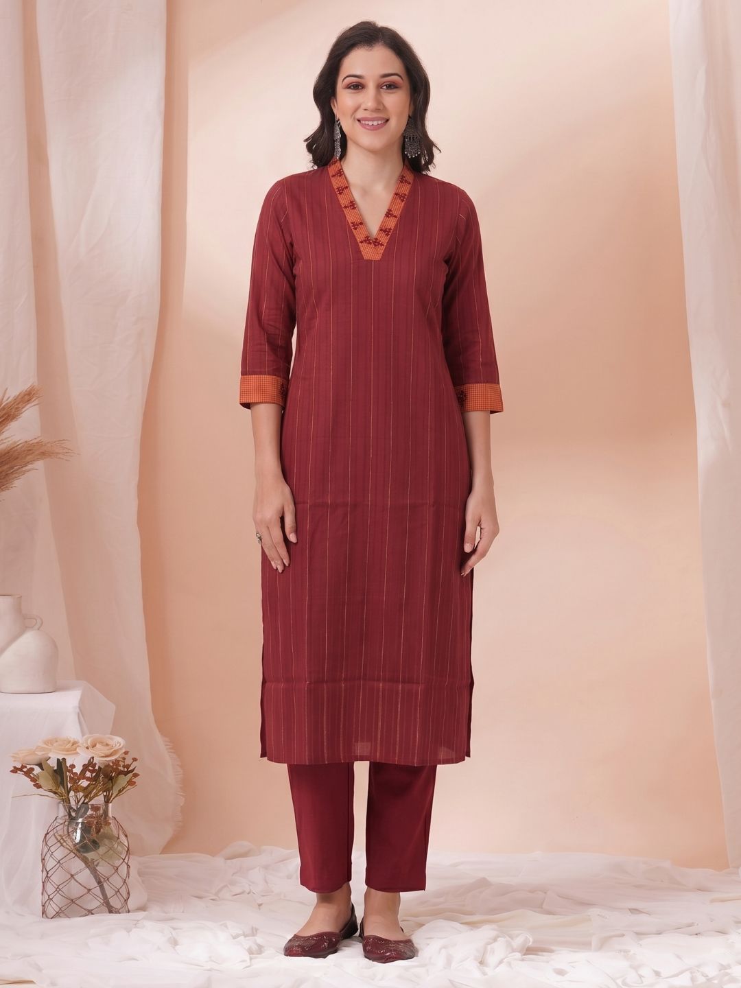 Straight Fit Textured Cotton Stripe Kurta with Hand Embroidery & Contrast Collar Detail.