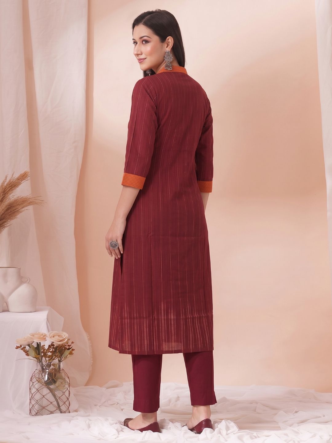 Straight Fit Textured Cotton Stripe Kurta with Hand Embroidery & Contrast Collar Detail.