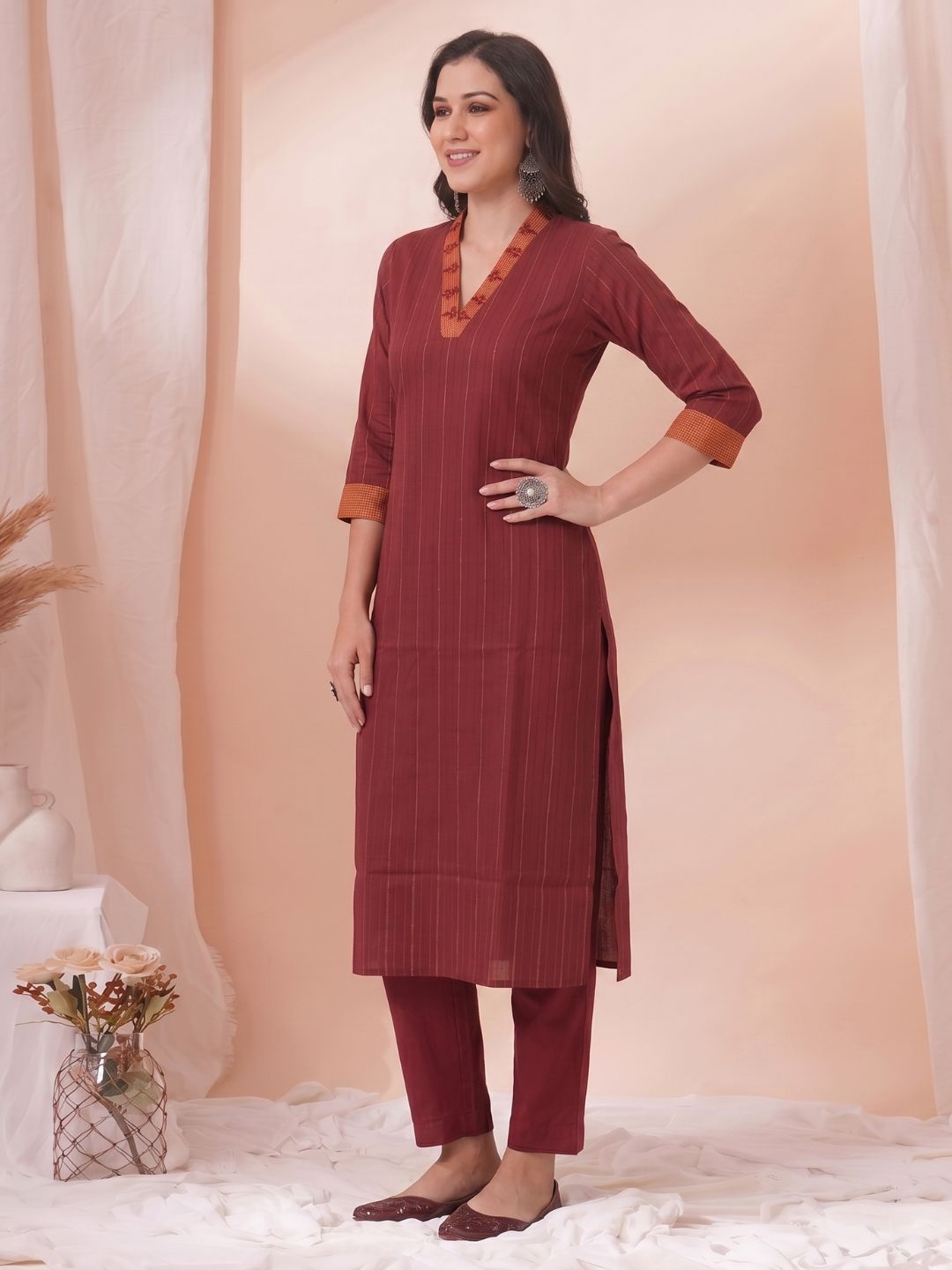 Straight Fit Textured Cotton Stripe Kurta with Hand Embroidery & Contrast Collar Detail.