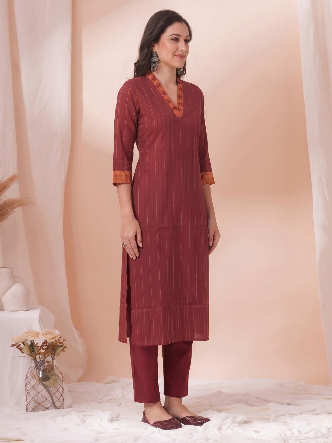 Straight Fit Textured Cotton Stripe Kurta with Hand Embroidery & Contrast Collar Detail.