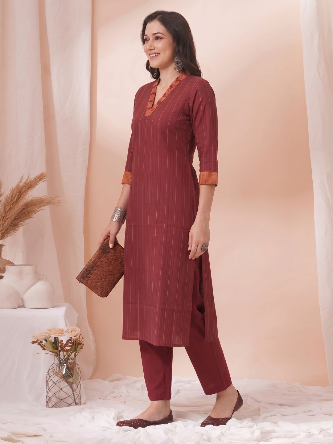 Straight Fit Textured Cotton Stripe Kurta with Hand Embroidery & Contrast Collar Detail.