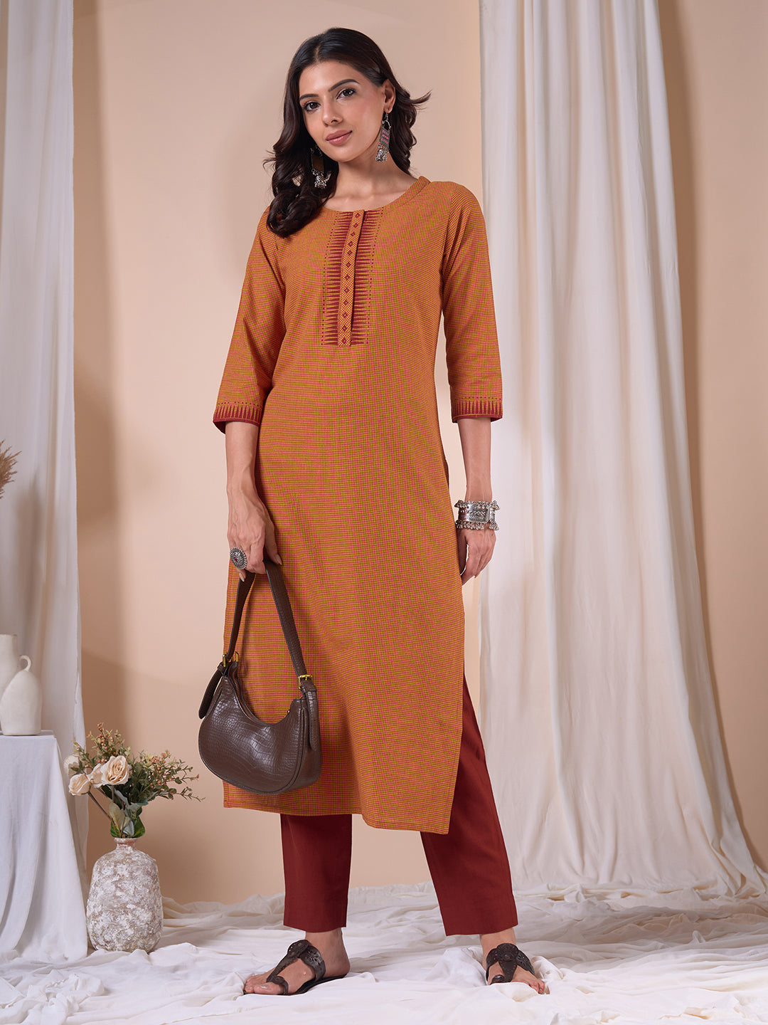 Straight Fit Cotton Woven Checks Kurta with Geometric Block Print & Contrast Trim.