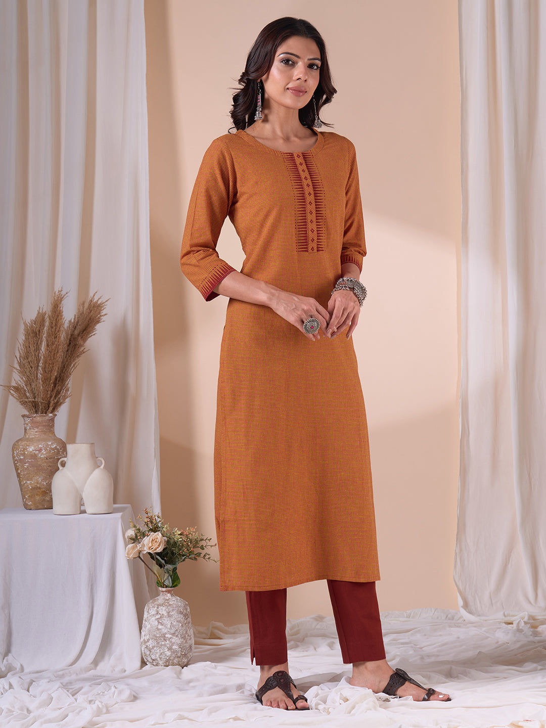 Straight Fit Cotton Woven Checks Kurta with Geometric Block Print & Contrast Trim.