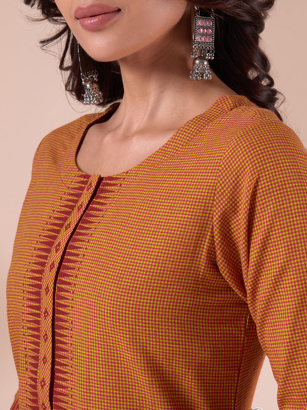 Straight Fit Cotton Woven Checks Kurta with Geometric Block Print & Contrast Trim.