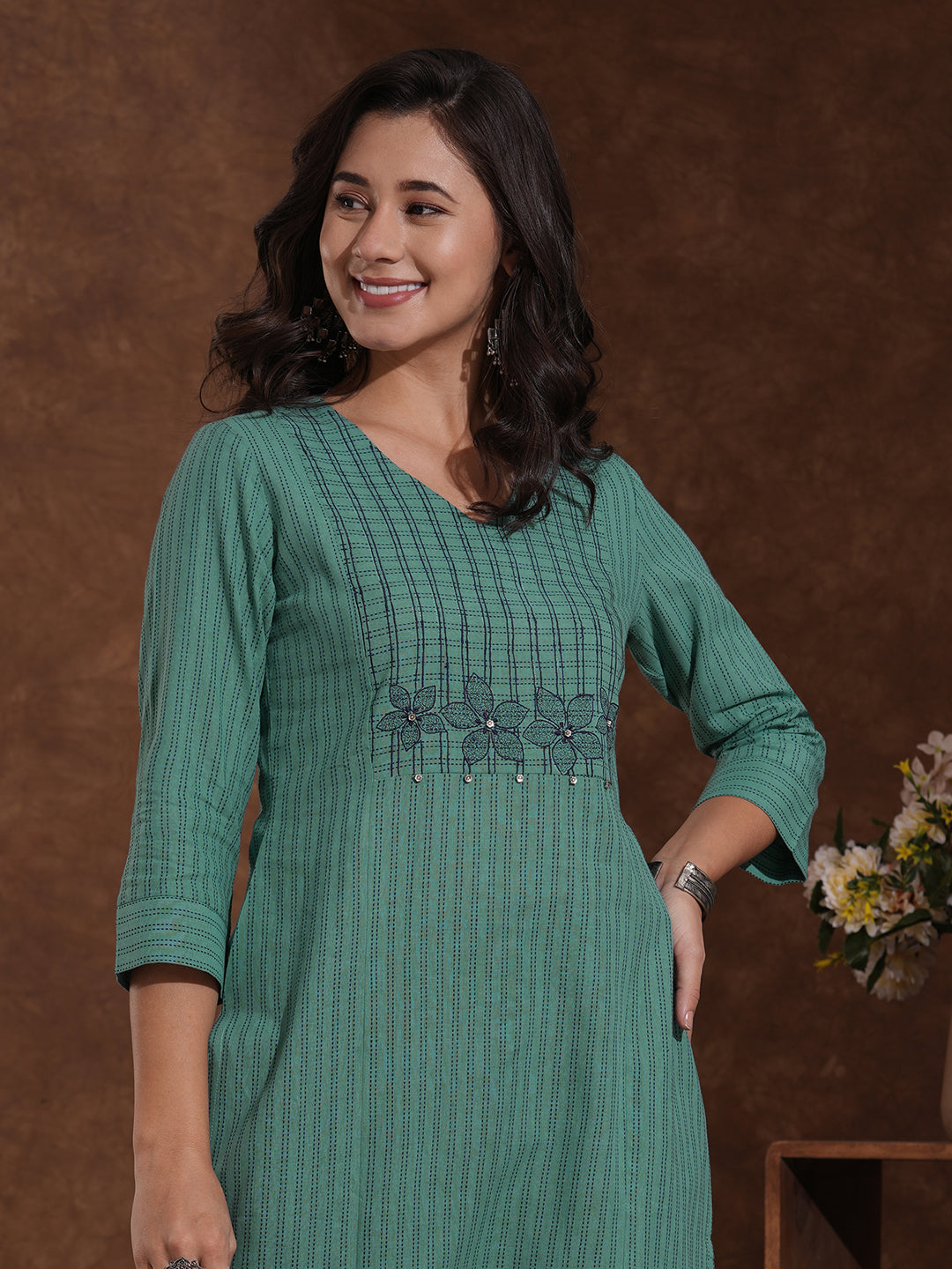 Straight Fit Cotton Dobby Striped Kurta with Princess Shoulder and Embroidered Yoke