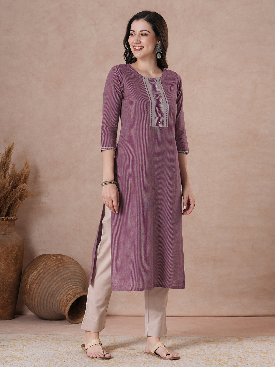 Straight Striped Cotton Kurta in Woven Fabric with Block Print Yoke and Mirror Handwork