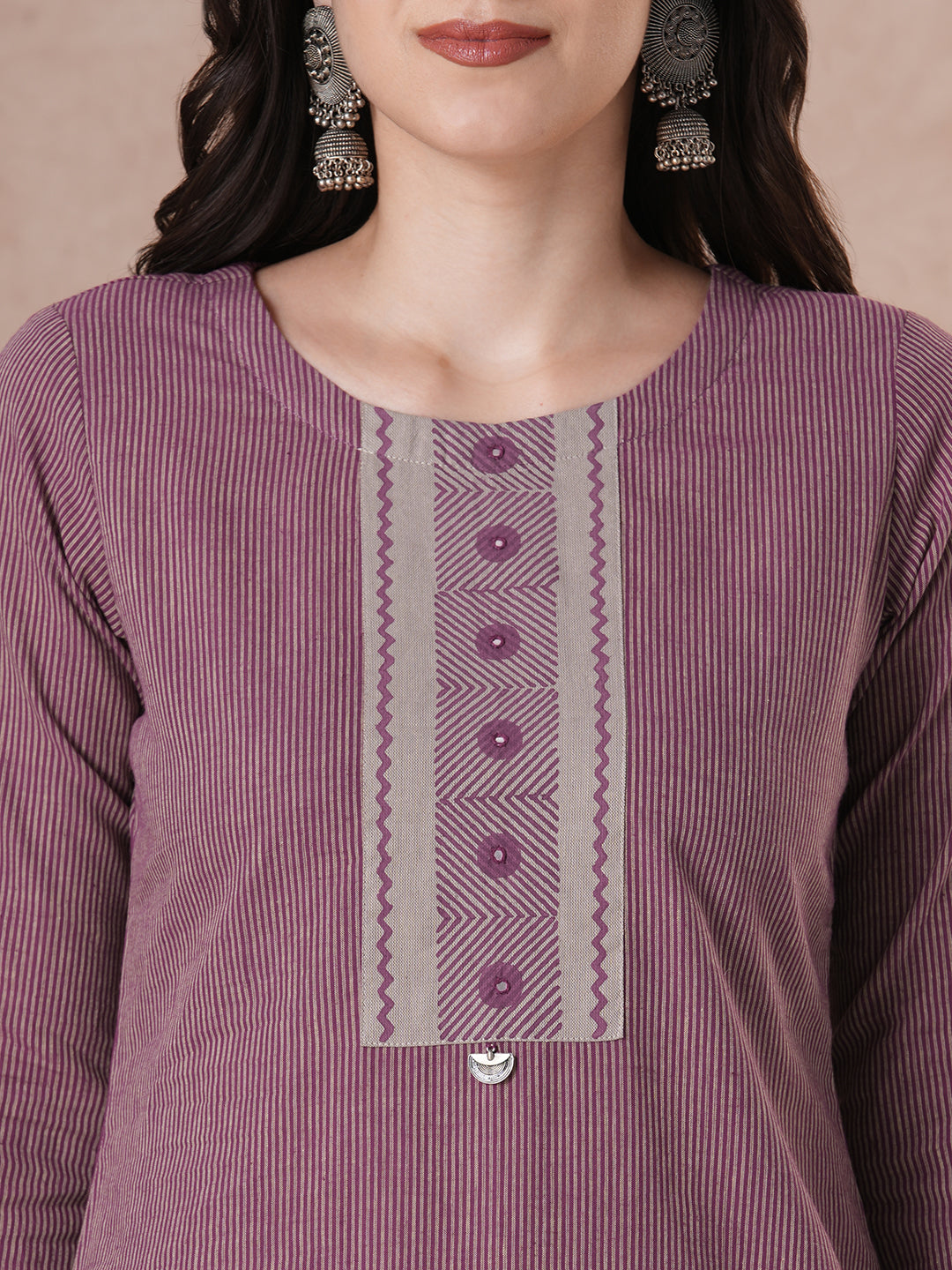 Straight Striped Cotton Kurta in Woven Fabric with Block Print Yoke and Mirror Handwork