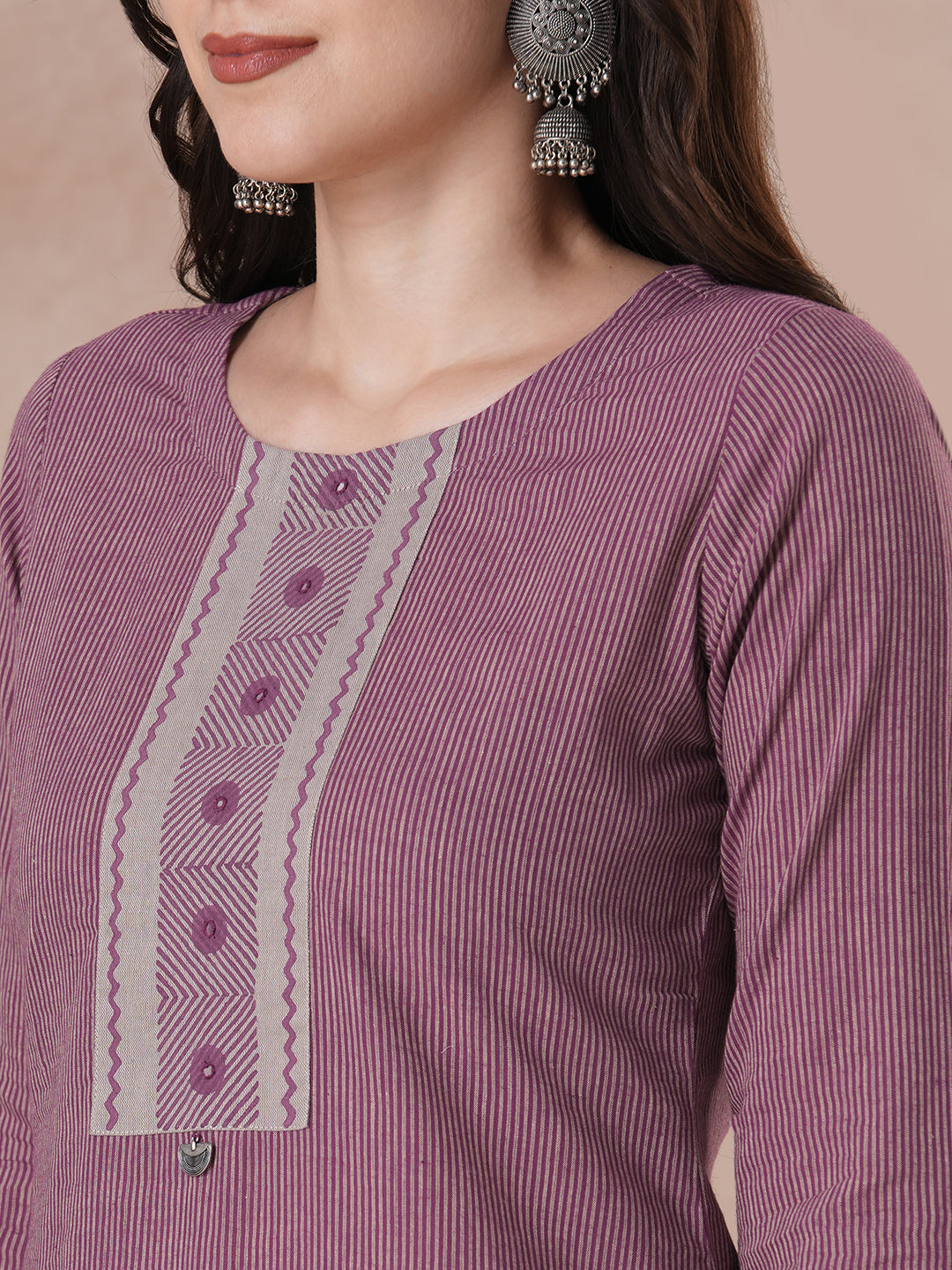 Straight Striped Cotton Kurta in Woven Fabric with Block Print Yoke and Mirror Handwork