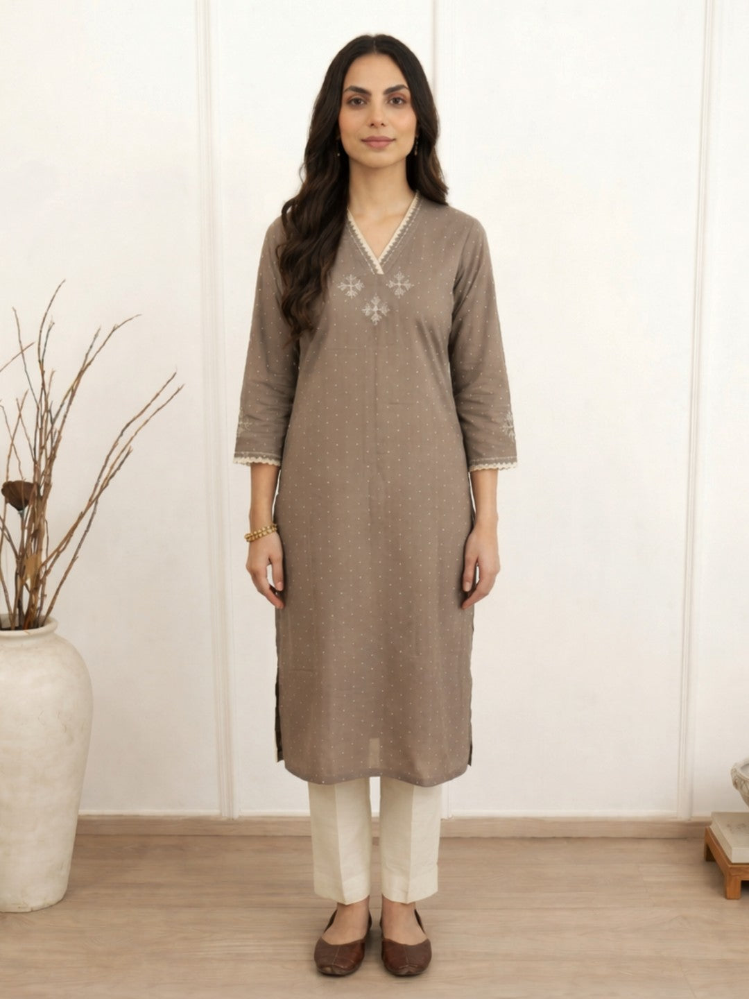 Straight Fit Cotton Dobby Kurta with Block Print & Handwork Detail.