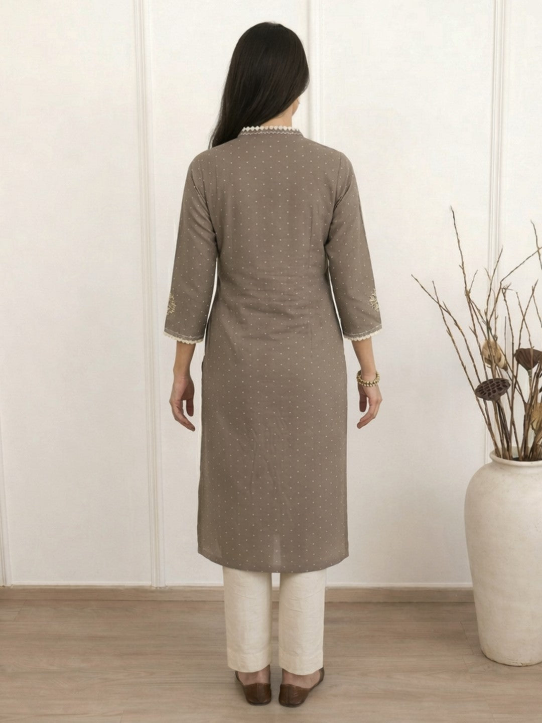 Straight Fit Cotton Dobby Kurta with Block Print & Handwork Detail.