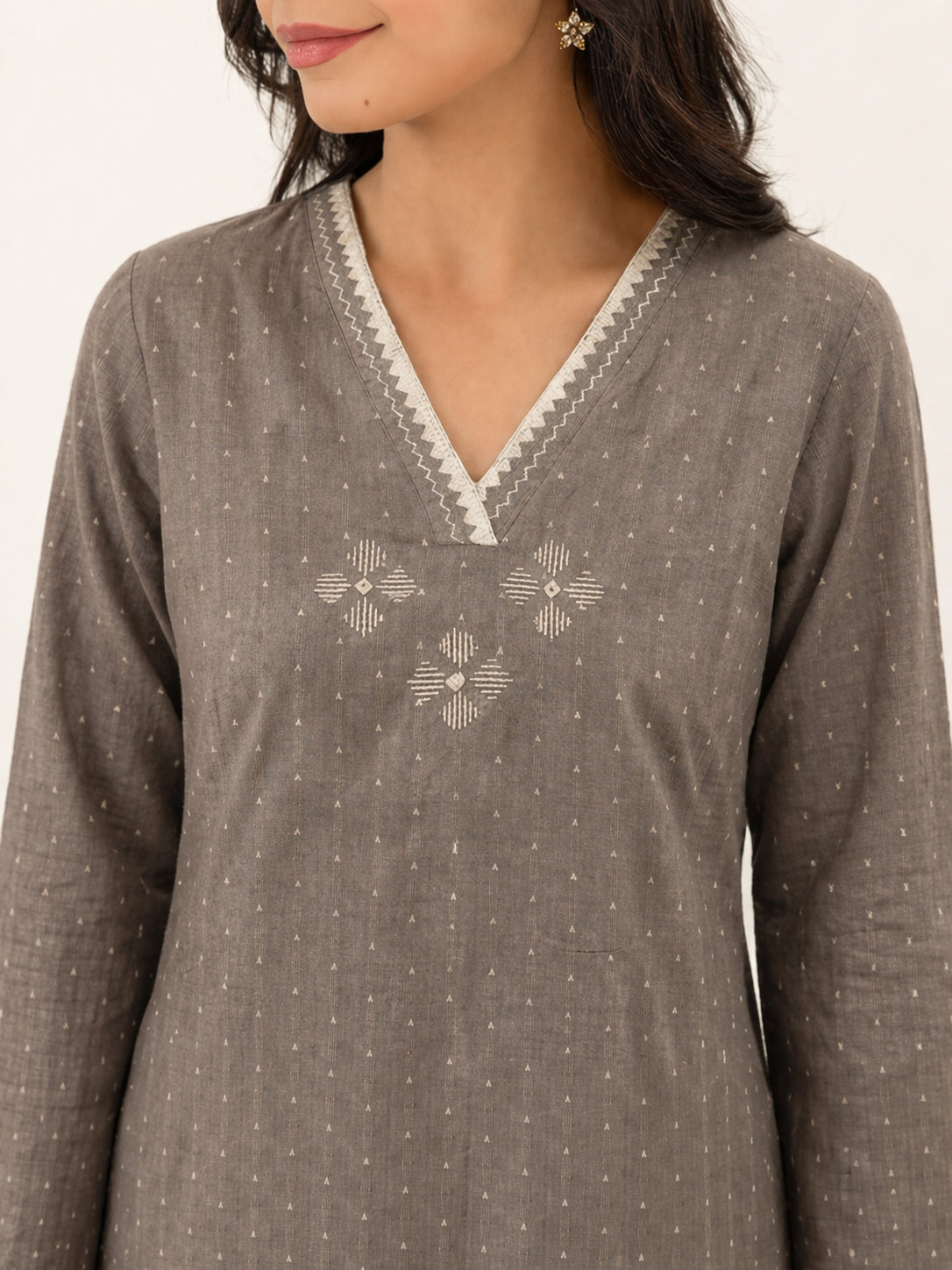 Straight Fit Cotton Dobby Kurta with Block Print & Handwork Detail.