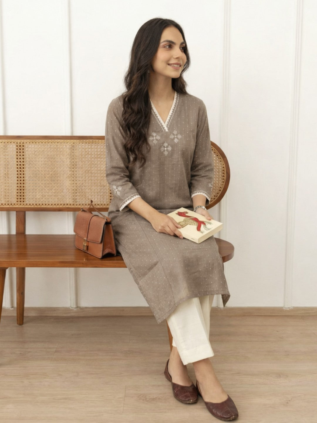 Straight Fit Cotton Dobby Kurta with Block Print & Handwork Detail.