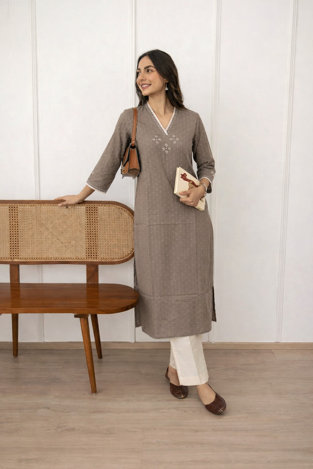 Straight Fit Cotton Dobby Kurta with Block Print & Handwork Detail.